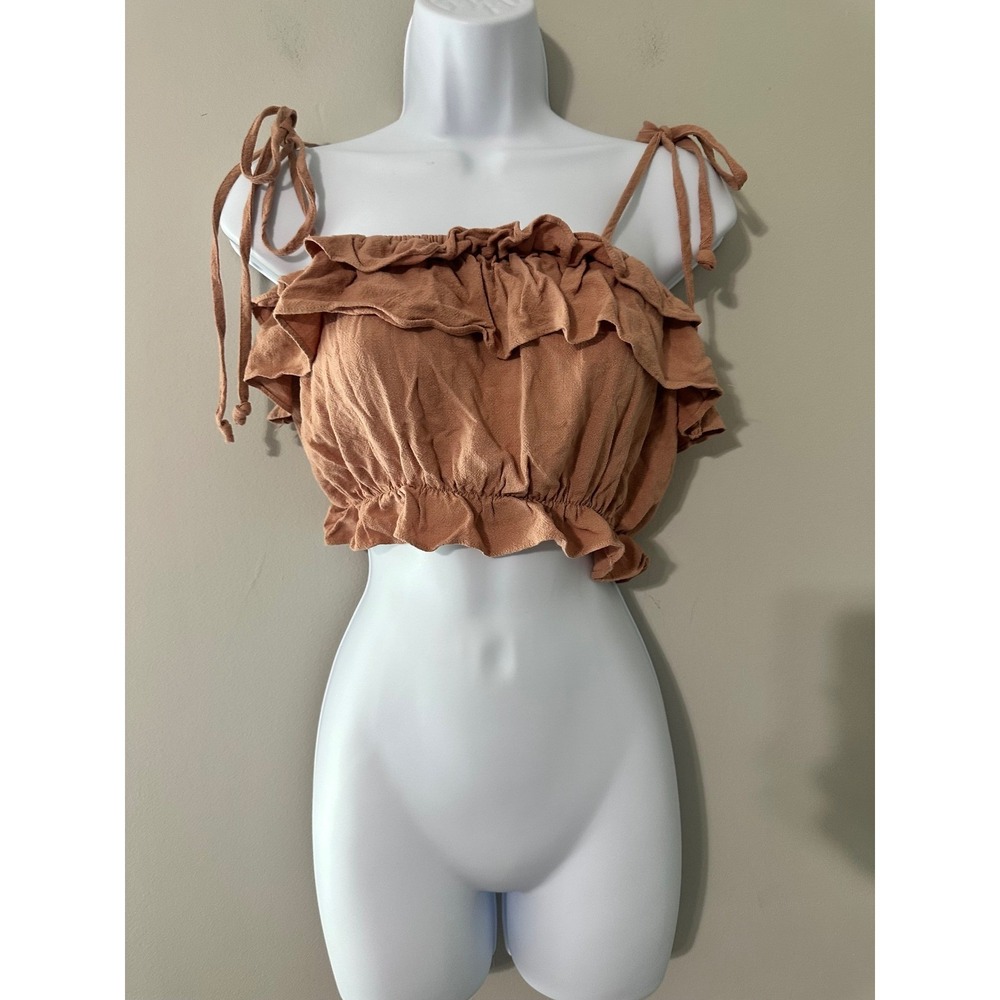 MIOU MUSE‎ Women's Brown Ruffle Tie Strap Crop Top Size S Linen Blend